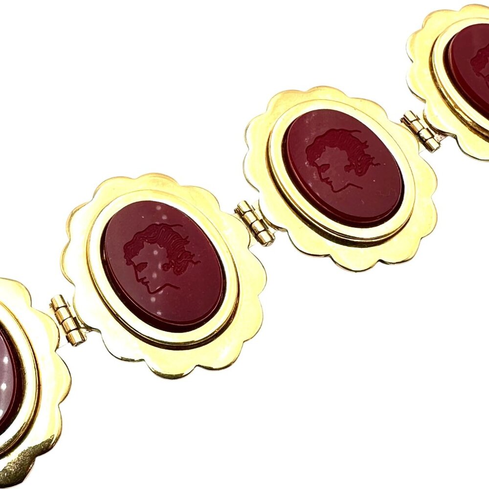Vintage Red Intaglio Glass Cameo Gold Plated Bracelet 8 Inch Heavy Nice Quality